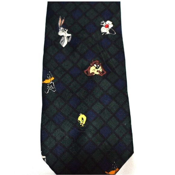 Vintage 1995 Looney Tunes Green/Blue Plaid The Pose Characters Tie - Picture 2 of 5
